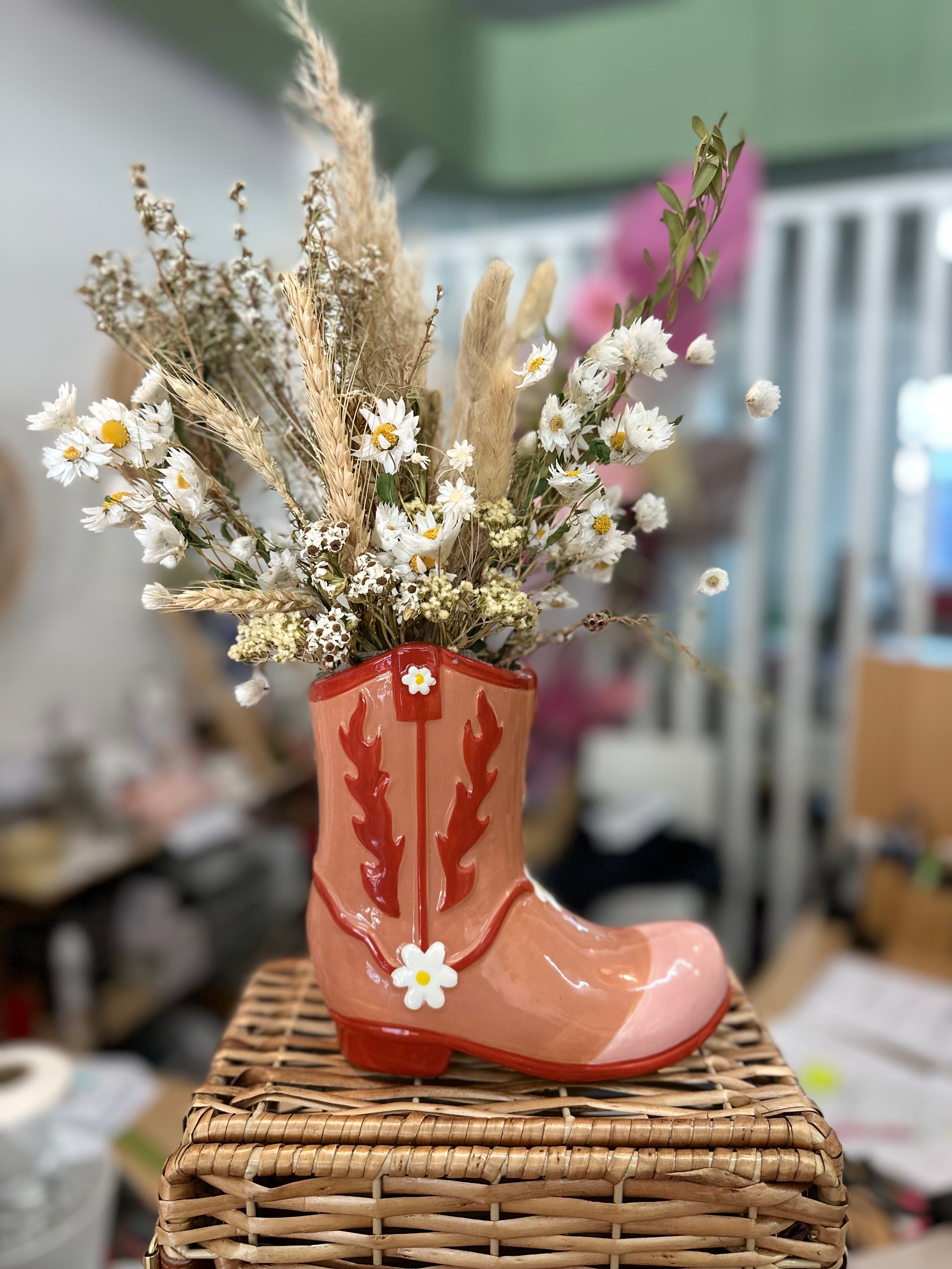 Cow Girl Boot vase dried arrangment